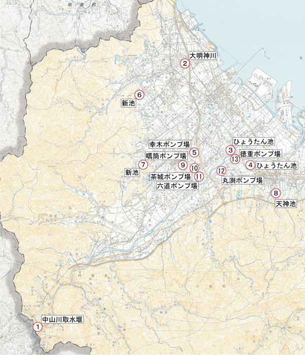 周桑地域（平野）のかんがい用水関連施設の位置の図