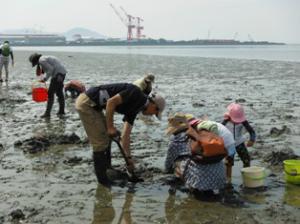 第1回自然観察会　みんなで生き物を探しています