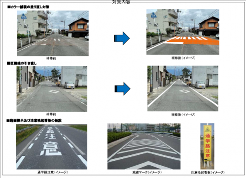 カラー舗装の塗り直し対策、区画線の引き直し、路面標示及び注意喚起看板の新設