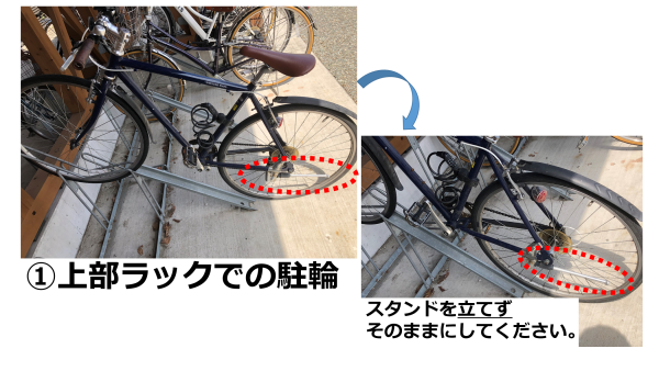 上部ラックには自転車のスタンドを立てずに停める。