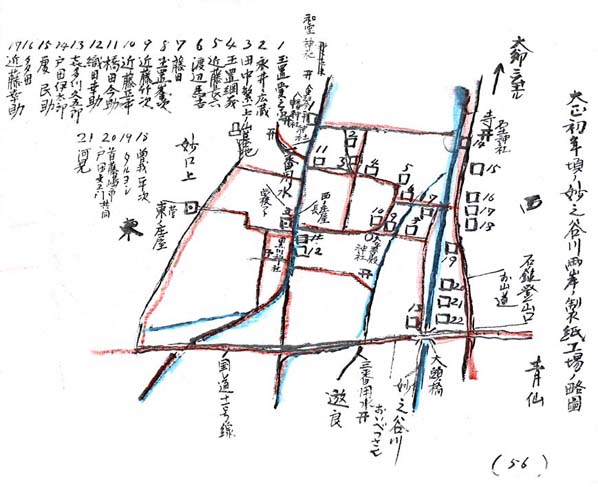 小松町妙口の妙谷川両岸の製紙工場の略図