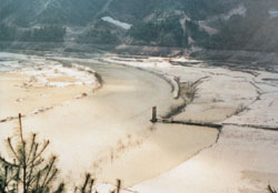 渇水で顔を出したつり橋の写真