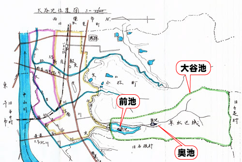 奥池と前池、大谷池の位置図の写真