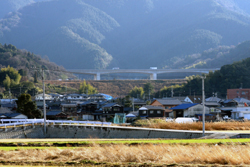 南川地区から堰堤を望む（写真中央）