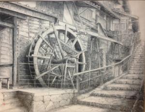 和紙教室作品　水墨画　馬籠宿